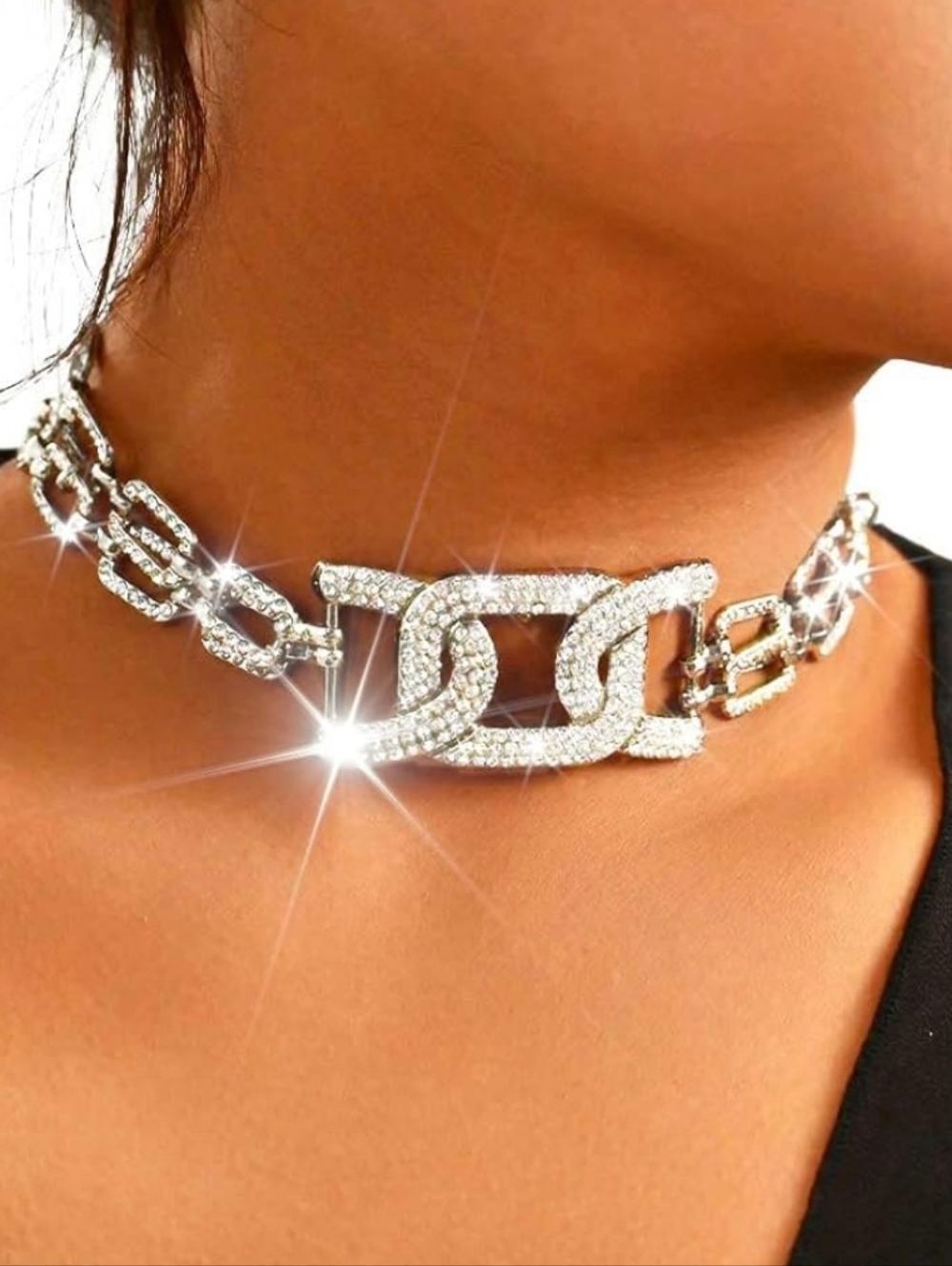 Sparkling Silver Crystal Link Choker Necklace - Women's Jewelry